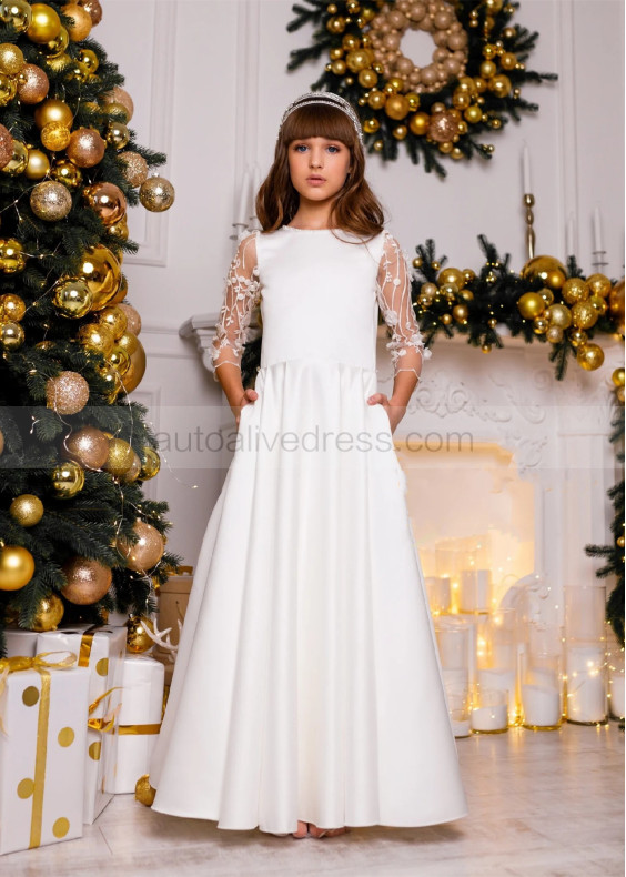 Ivory Lace Satin Beaded Flower Girl Dress Wedding Party Dress Ivory Lace Satin Beaded Flower Girl Dress Wedding Party Dress